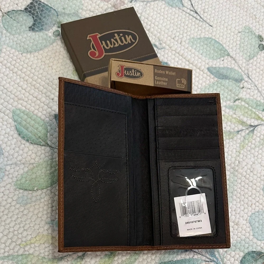 New Justin Boots Dark Brown Slim Bi Fold Leather Jr. Rodeo Wallet NIB